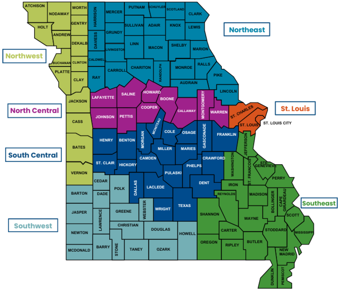 Map of Missouri with all 7 regions in different colors