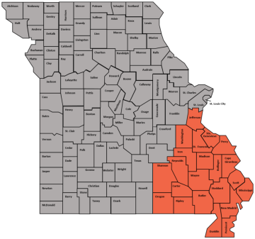 Map of Missouri with southeast region colored