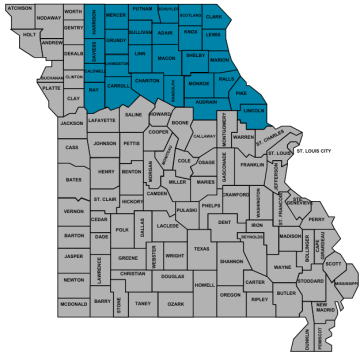 Map of Missouri with northeast region highlighted